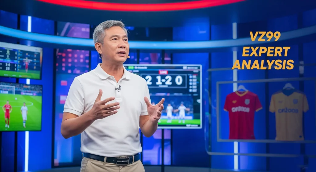 Hình ảnh một chuyên gia đang phân tích, nhận định về một trận đấu.