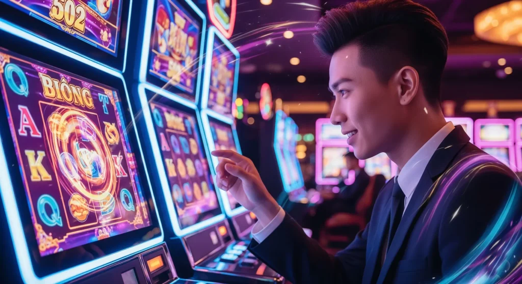 Một người chơi đang đắm chìm trong thế giới game Nổ Hũ đỉnh cao với đồ họa và ánh sáng ấn tượng.