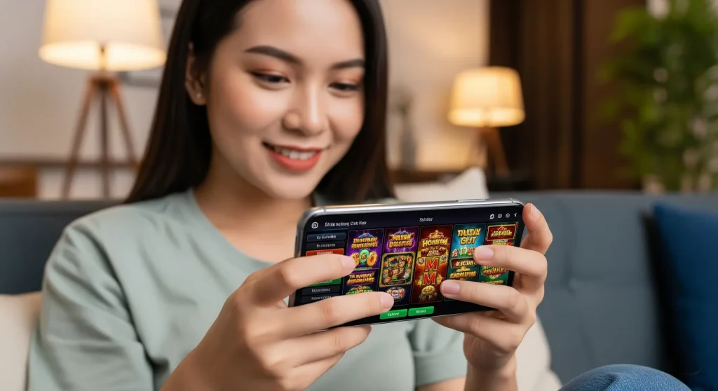 Một người chơi đang duyệt qua kho game đa dạng của Vz99 trên máy tính bảng.